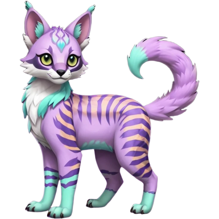Cute kawaii cool edgy badass Colorful pale minty lilac onyx fruity glorious exotic neon vibrant zigzagged fantasy-caracal-civet-genet-sergal-vernid-Gryphon-Cacomistle-Trico-oncilla-animal-Fakémon-hybrid-fursona (full body), facial markings, (realism style) emoji