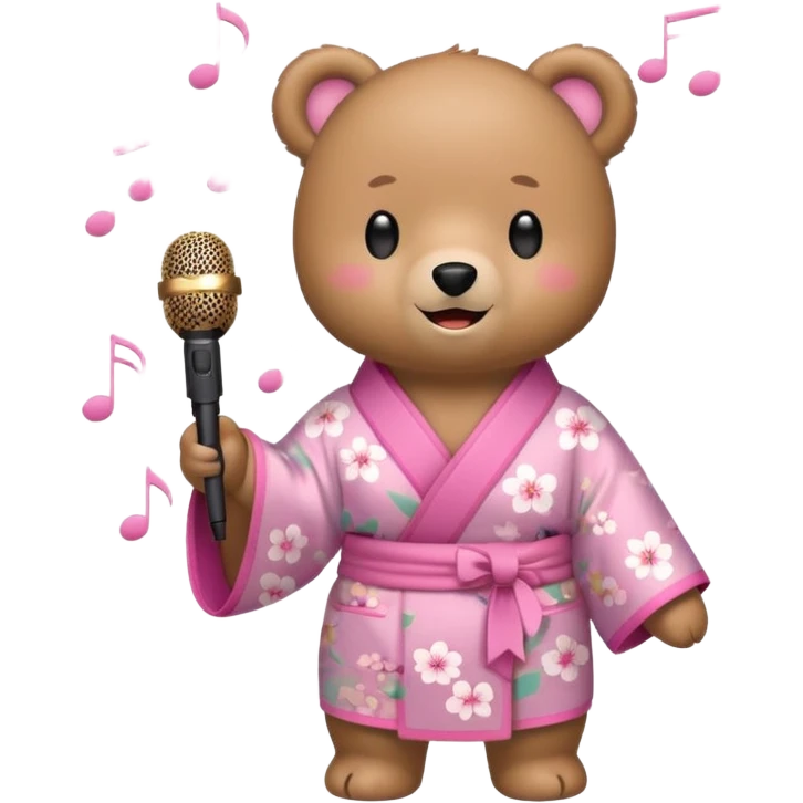 A cute light-brown bear wearing a pastel pink sakura-patterned kimono, normal balanced body ratio.  
Holding a microphone and singing happily, music notes floating around and a bright joyful smile.  
Kawaii emoji style, minimalistic clean sticker illustration, white background. emoji