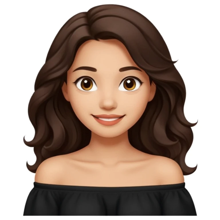 modern clean emoji of a young woman with medium skin tone, long wavy dark brown hair, wearing a black off-shoulder top, soft friendly smile, expressive eyes, warm and charming style, relaxed confident vibe, neutral light color or soft gradient background emoji