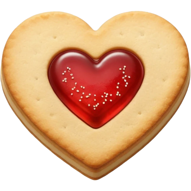 Realistic shortbread cookie in the shape of a heart with red jelly middle filling and sprinkled powder sugar on top. emoji