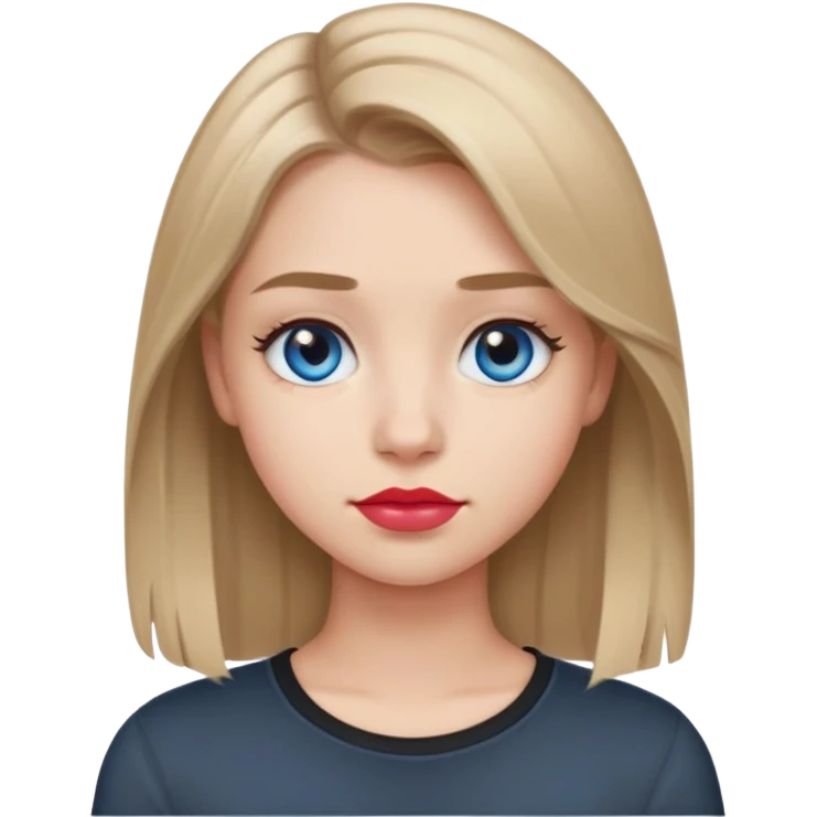 Emoji teenage girl, ash darker almost brown blonde hair, blue eyes, black shirt, hair a little longer than over shoulders, red pinkish lips, blue grey eyes emoji