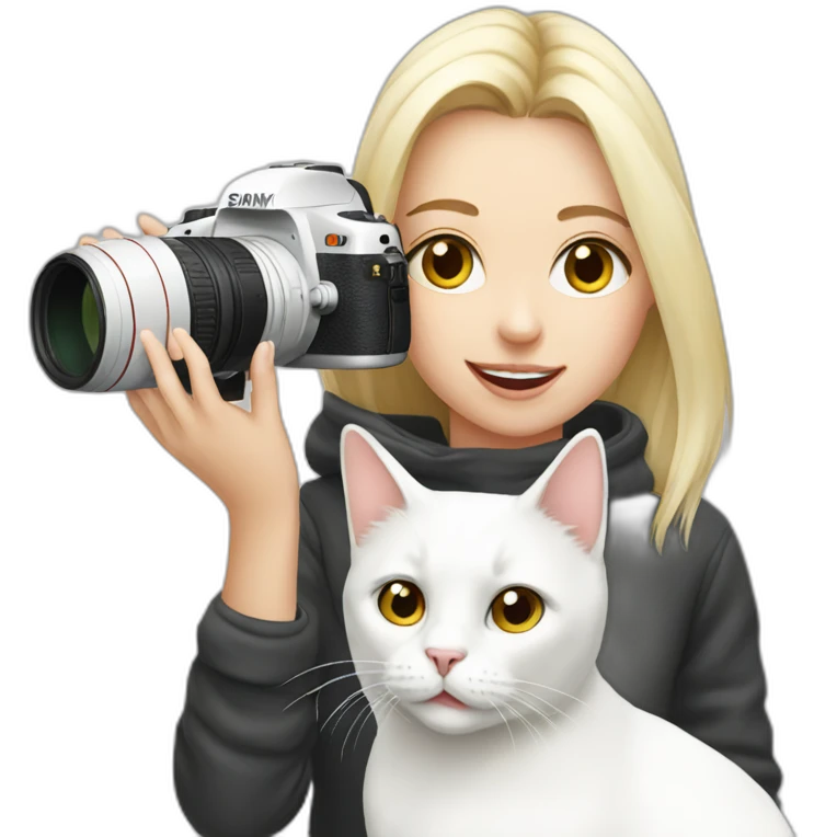 Girl photographing her white cat emoji