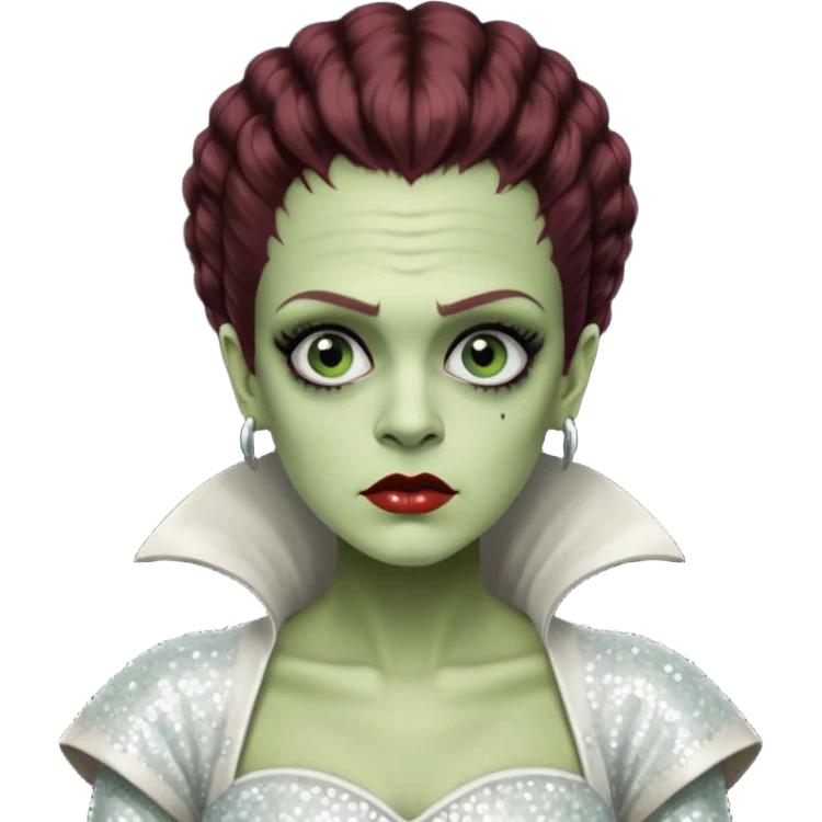 Bride of Frankenstein from Universal Monsters with pale greenish skin, dark auburn hair, white sequin outfit emoji