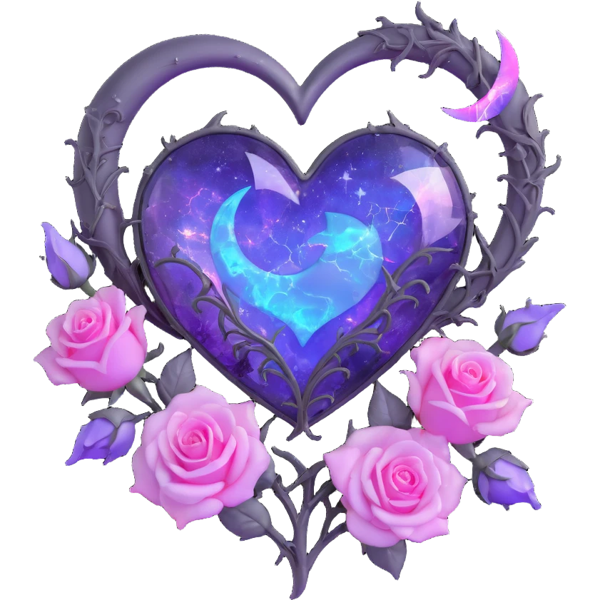 gothic heart made of opal glass, silver crescent moon, glowing lavender roses, holographic stardust, neon pink lightning, drenched and splintered glass emoji