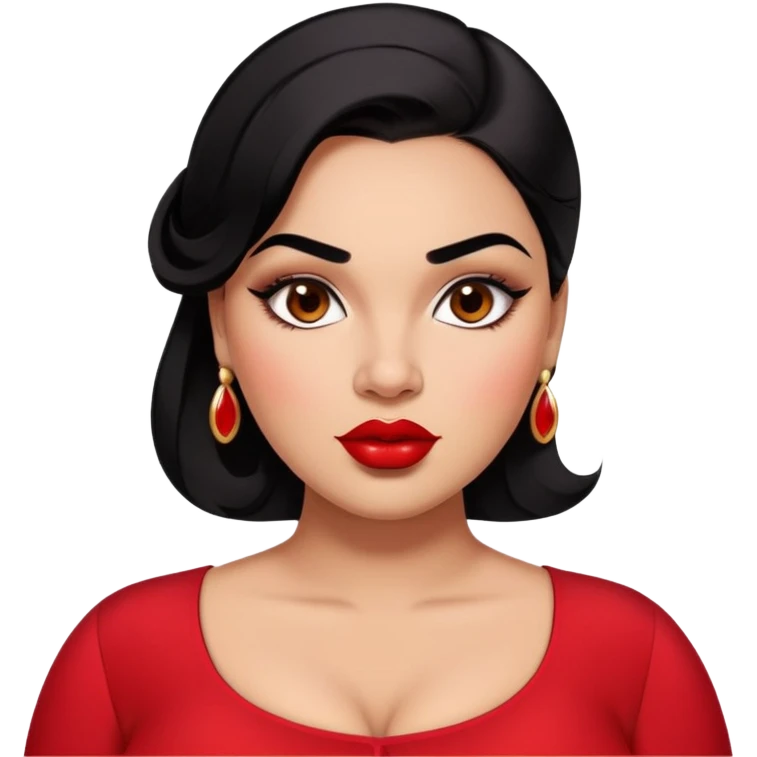 Glamorous full-figured young woman with defined features, brown skin, expressive dark eyes, thick eyebrows, full lips with red lipstick, sleek black hair, slightly plump, wearing a red blouse emoji