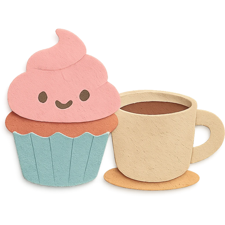 small hand-drawn cupcake with coffee cup beside, soft pastel kawaii style emoji
