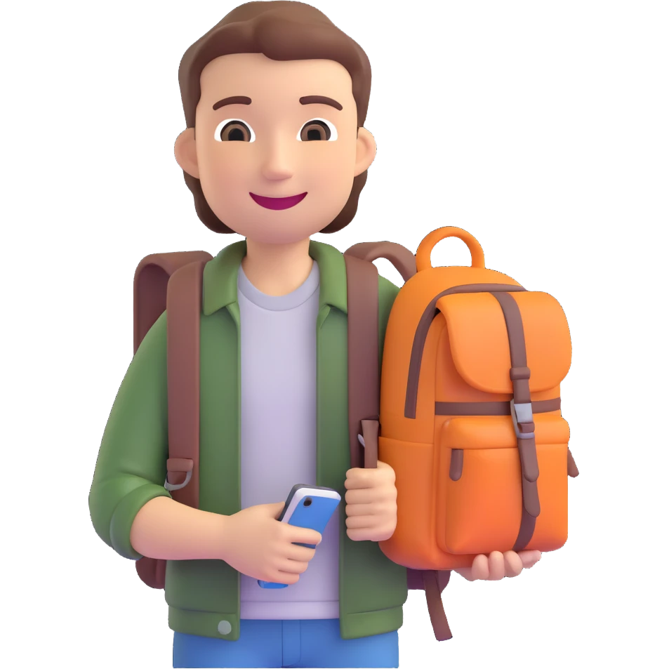 memoji of a college student, smiling, casual clothes, holding a backpack, friendly expression emoji