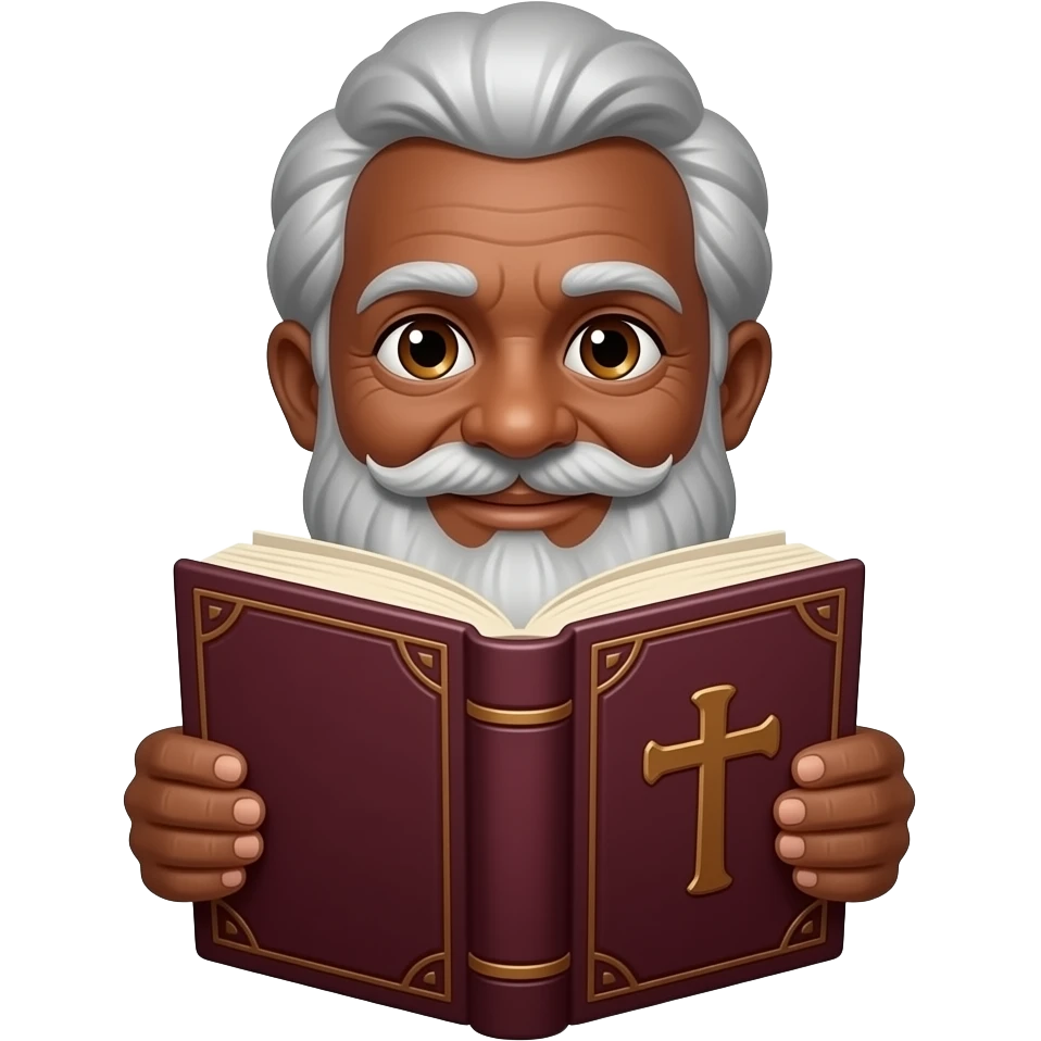 wise old man with grey hair slight smile brown eyes white beard black skin with burgundy book that has a cross on it no circle emoji