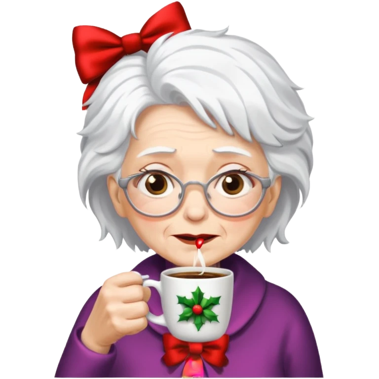 Old lady with crazy hair and christmas bow drinking coffee emoji
