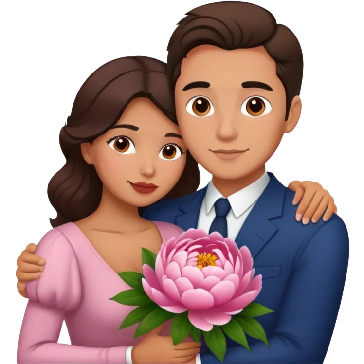 couple hug with warm Latina girl and russian man elegant peonies  emoji