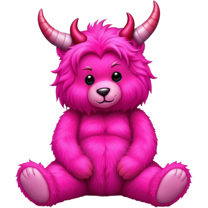 Realistic isolated big full length fluffy hot pink long fuzzy hair valentines Day stuffed Teddy Bear sitting up, is devil emoji