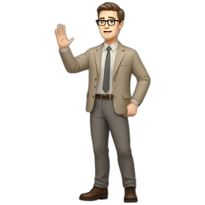Full height Actively Gesturing Pale skinned fit man with dark brown hair in gray jacket, beige office shirt, brown tie, brown pants and vintage glasses. emoji