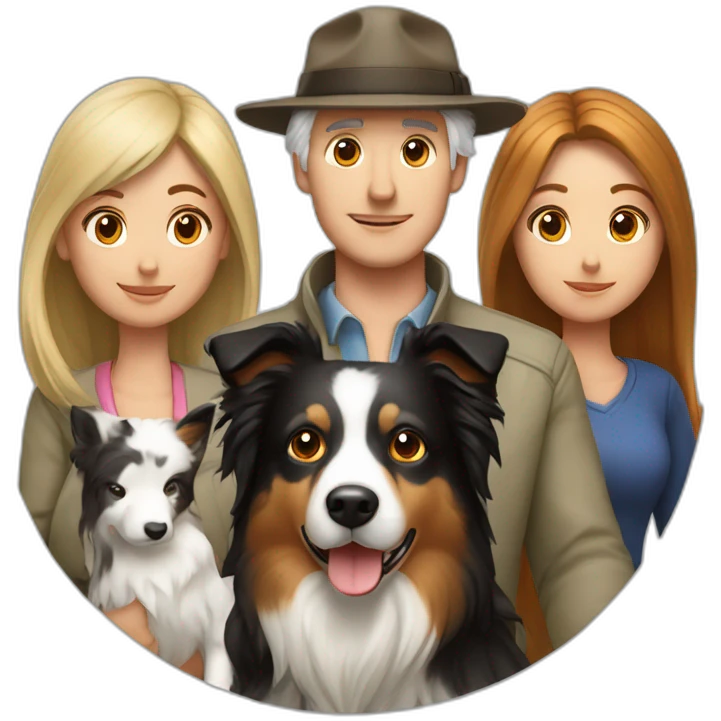 white family group consisting of man in hat and woman with long hair in ponytail and small border collie dog emoji