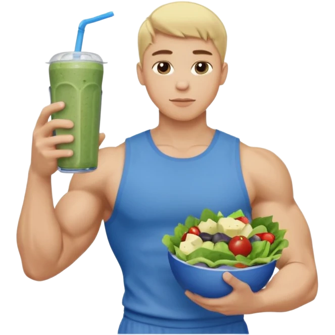 A young male person with a muscular, well-defined build. He has short blonde hair, a light skin tone, and a neutral facial expression. He wears blue cloth. He is holding a salad in one hand and a protein shake in the other. emoji