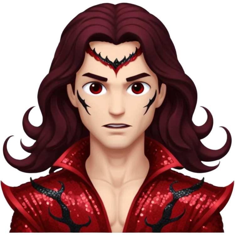 Samael, Venom of God from Gods and Goddesses with long dark brown hair, dark red sequin outfit emoji