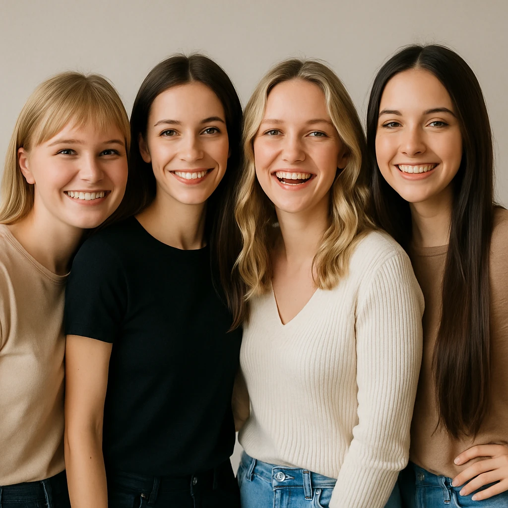 group of four female friends, 25 years old, waist up, from right to left: blonde with straight hair and cheeks, slim brunette, blonde with wavy hair, slim brunette with very long hair; casual clothing, neutral background, friendly atmosphere, happy expressions emoji