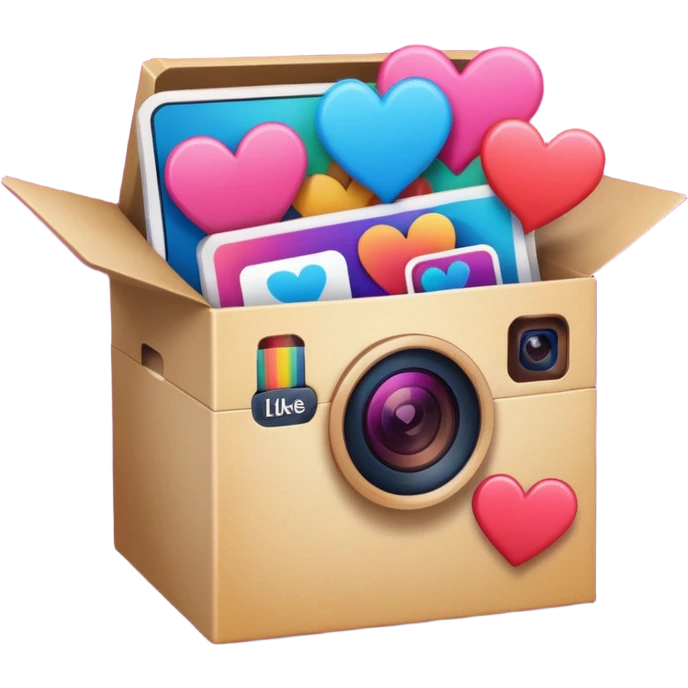 a box with an instagram logo on its face,  open with swipe files inside and hearts, likes  emoji