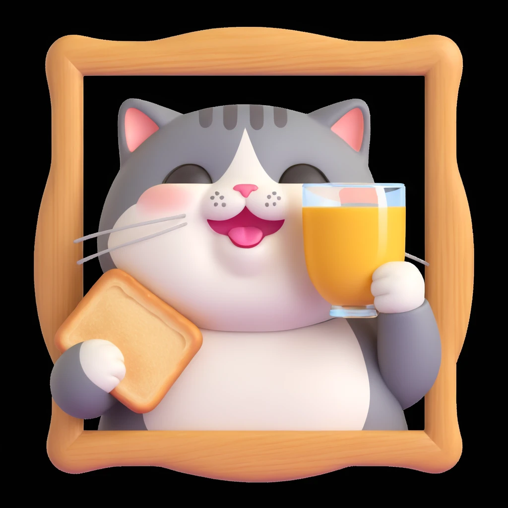 a chubby cat with a toast frame around its face, cheerful mood emoji