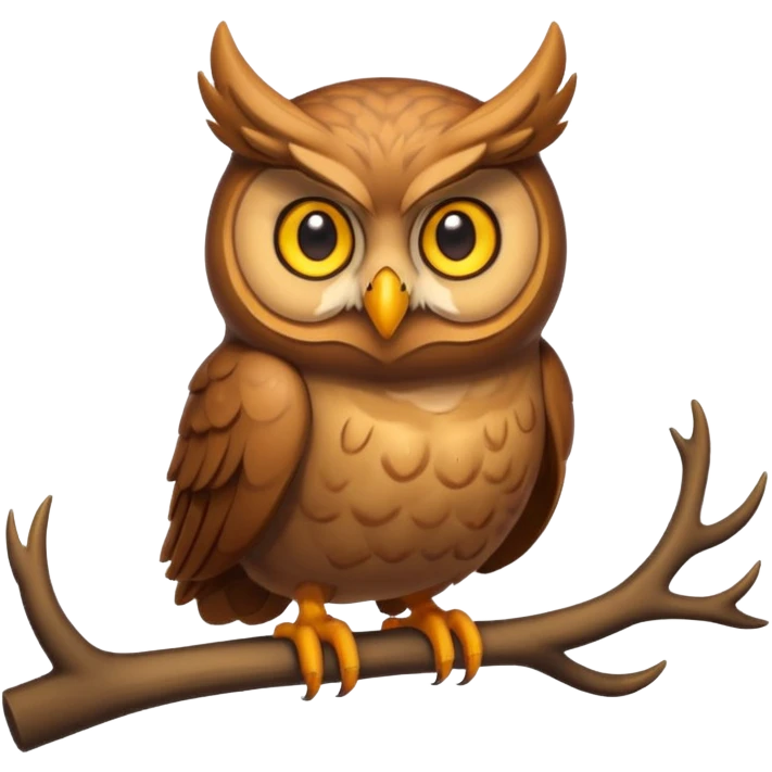 Emoji chouette perchée brun clair, yeux jaunes brillants, bec recourbé, bois de cerf imposants, sagesse et puissance. emoji