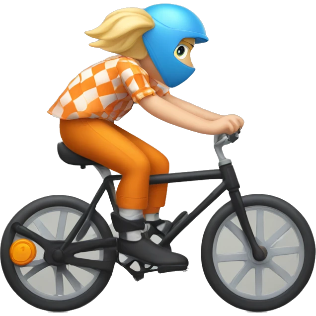 a boy with blond hair and blue eyes dressed in checkered shirt and black helmet on his head riding an orange fix bicycle emoji
