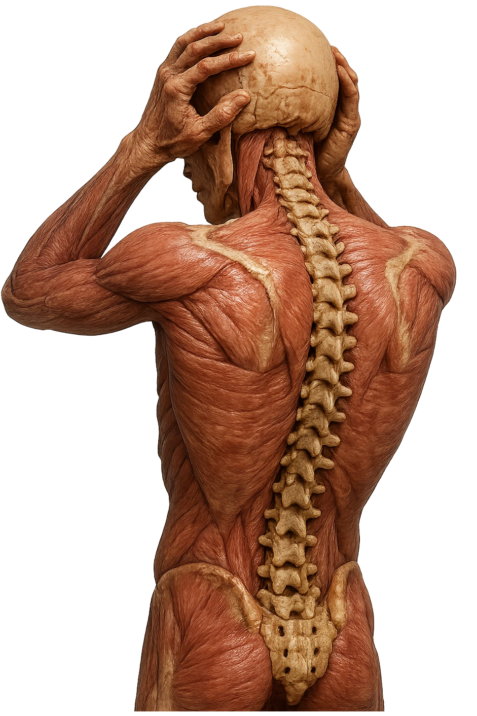 CORPO UMANO ANATOMICO con spina dorsale in evidenza, molto stanca e stressata mentre si tiene le mani sulla testa, IPERREALISTICO 4K emoji