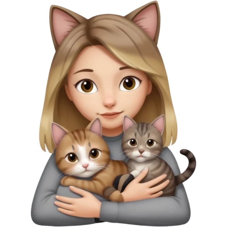 Une femme avec les cheveux dégradée, brun et blond, qui fait un câlin à son chat gris, tigré avec les extrémités que pattes pointe d’oreilles noires et le dessous du menton blanc la fille n’a pas d’oreilles, il n’y a qu’un seul chat emoji
