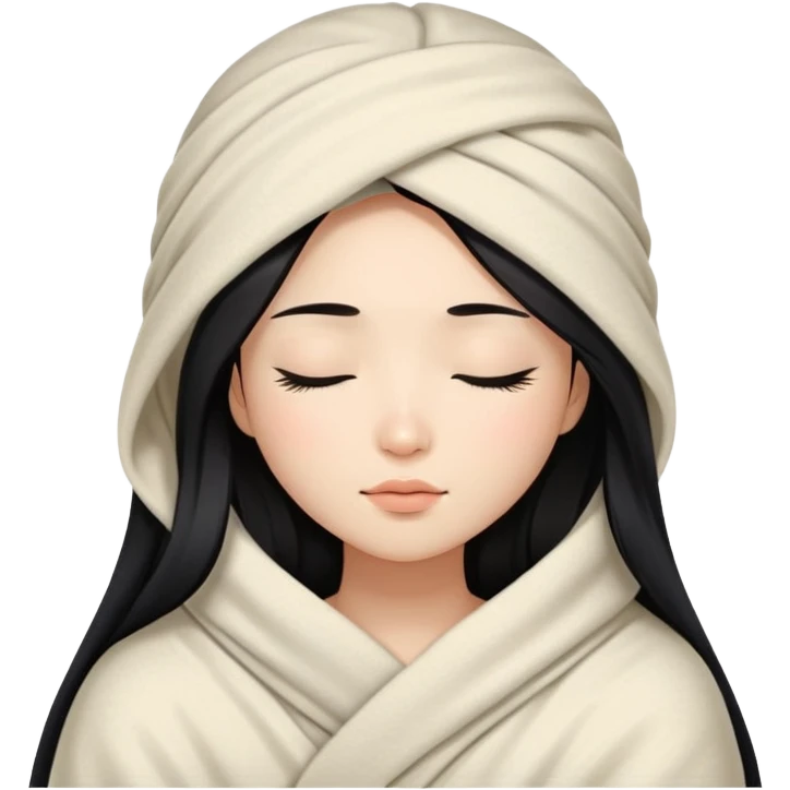 Beautiful Asian girl with long black hair wrapped in a blanket and eyes closed emoji