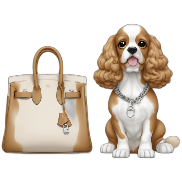 American cocker beige and white next to a grey hermes birkin bag emoji