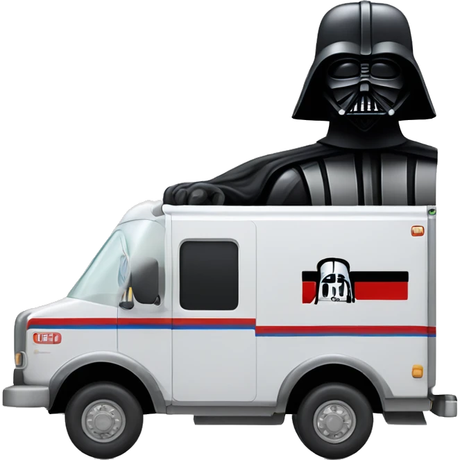 Side view of 1976 very long mail delivery truck shaped like Darth Vader’s body  emoji