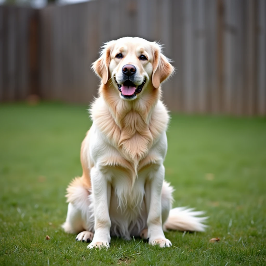 adult english cream golden retriever sitting on grass, facing camera, fence in the background emoji