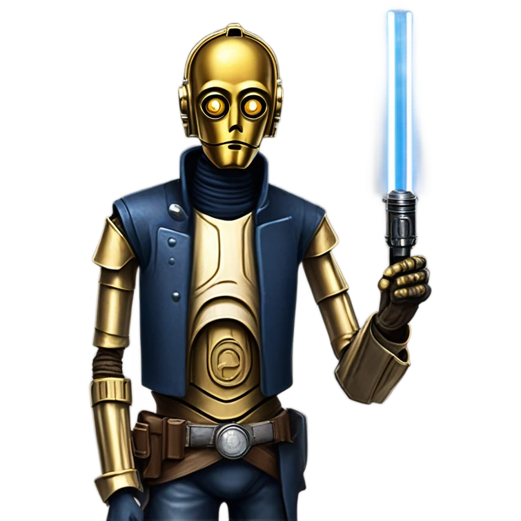 tarnished undercover tough well-equipped Jedi  life-sized darkblue-pearl C3po leather vest clothing pants and vest old west duster coat holding light saber sheriff emoji