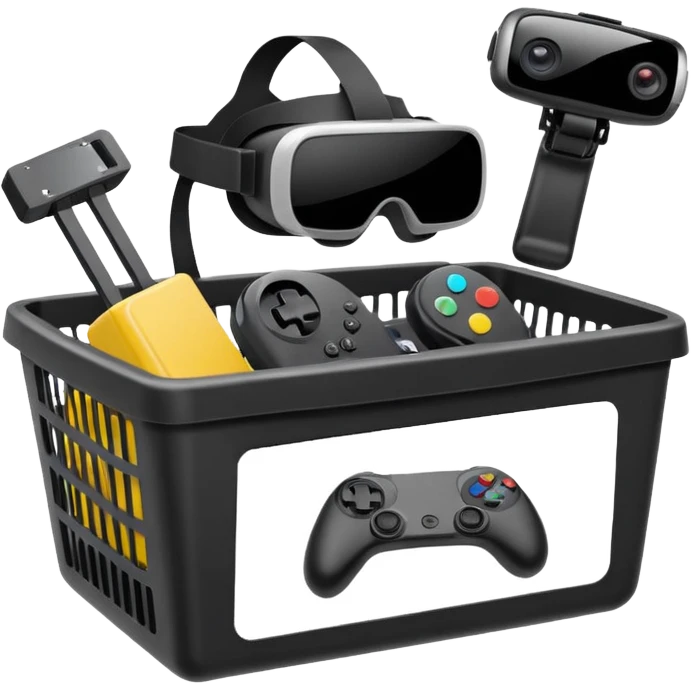 shopping basket with a gaming console, VR headset, and action camera emoji emoji