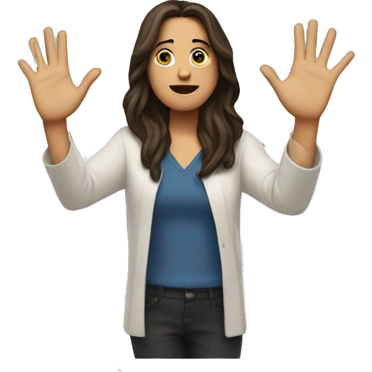 Long haired brunette shrugging with hands in the air palms up emoji