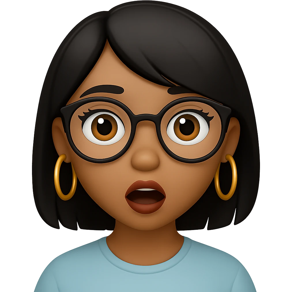 Add gold hoop earrings and stylish glasses to the surprised light brown skin girl with small lips, black layered hair, and doe eyes in emoji style. emoji
