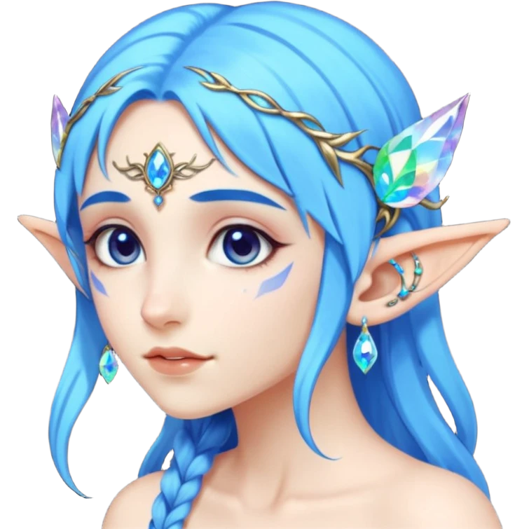 portrait of blue haired Elvish fae shiny sparkly iridescent translucent diaphanous ear climber ear cuff emoji