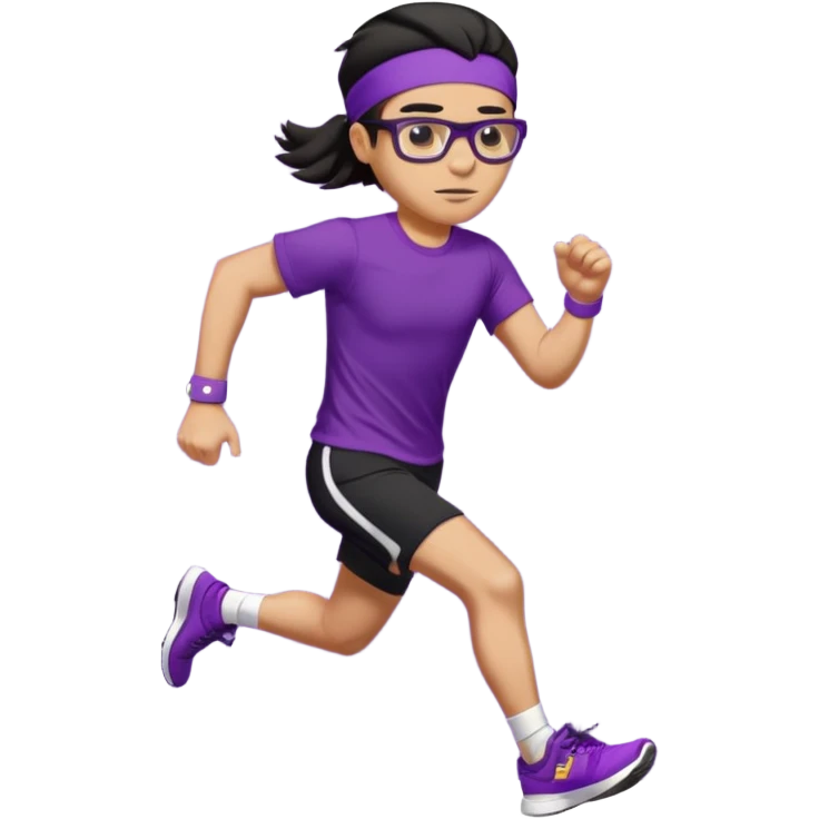 Running man in tight shorts and a purple t-shirt that says 'progressive run', with a headband, dark hair, running glasses, and stylish bright sneakers, emoji style, variation 3 emoji