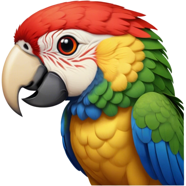 Cinematic Realistic Noble Macaw Portrait Emoji, Poised and majestic, with a robust, vibrant build and meticulously detailed plumage in scarlet, deep blue, and touches of gold, a strong, curved beak and piercing, intelligent eyes, rendered with lifelike feather texture and natural lighting, high shine, commanding and regal, styled with an air of tropical authority, focused and attentive, soft glowing outline, capturing the essence of a watchful and confident macaw that appears ready to soar out of the screen with effortless splendor! emoji