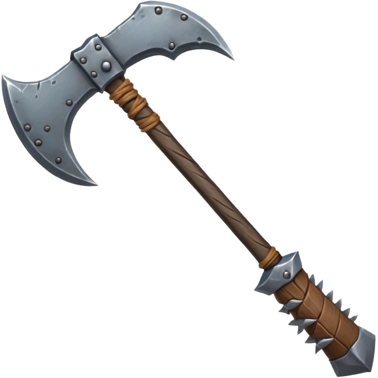 savage barbarian axe object icon, spiked double blade, battle-worn metal, scratches, heavy fantasy weapon, 3D cartoon, mobile game icon style, centered, clean background, no text, no watermark emoji