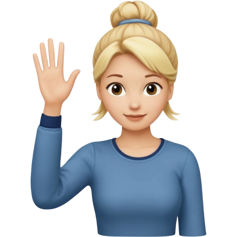 blonde woman with bun in casual clothes waving emoji