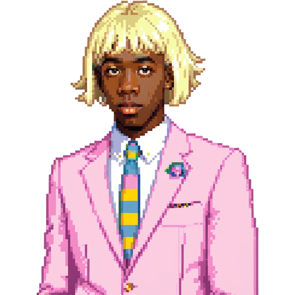 Tyler the Creator in pink IGOR suit with blonde wig emoji