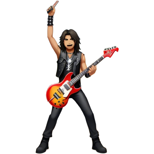 Icon for Heavy Metal: a metal band on stage, with electric guitars, drums, and a powerful vocalist. The atmosphere is intense with flashing lights, music notes, and a crowd of fans. The design should capture the energy and power of a live heavy metal performance. Transparent background. emoji