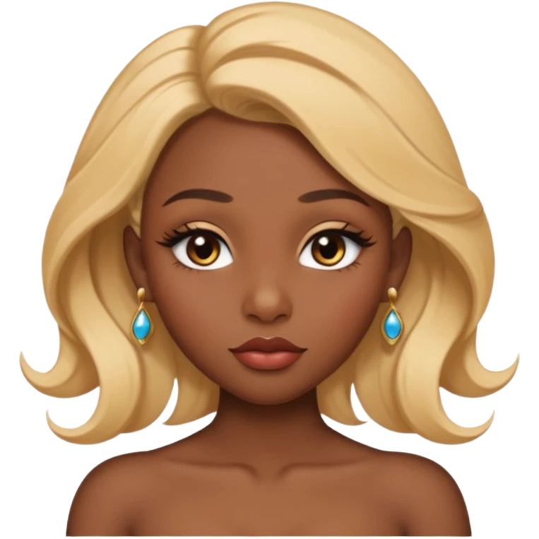 darkskin female with eyebrows that are naturally shaped and frame eyes well, eyes that are almond-shaped with defined lashes. nd lips are full with a defined cupid’s bow, add also a septum piercing that adds an edgy, stylish flair. a middle-part, honey blonde bust-down with laid baby hairs emoji