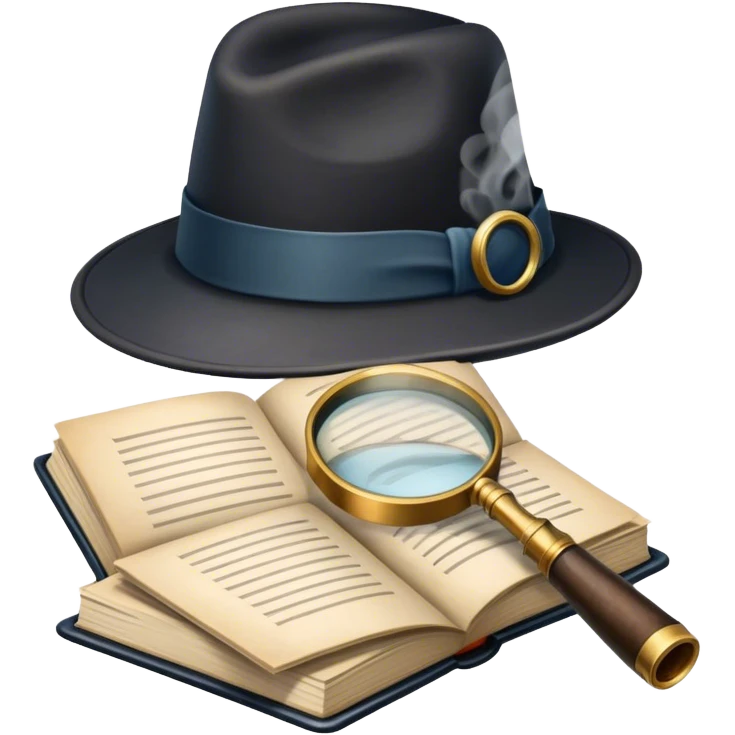 Icon for Detective Reading: an open book with a magnifying glass, a detective’s hat, and a notebook with clues, surrounded by dark shadows and mysterious elements like footprints and a smoking pipe. Transparent background. emoji