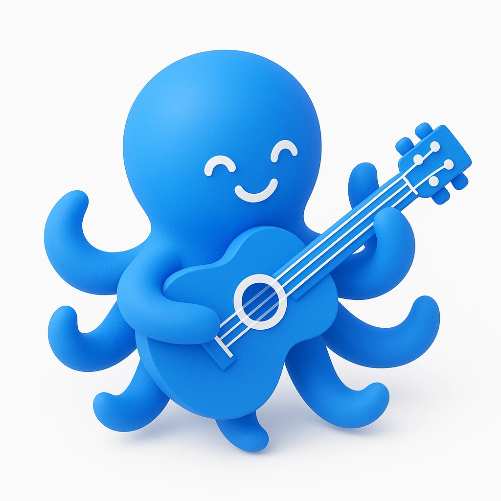 happy octopus with multiple arms playing guitar emoji