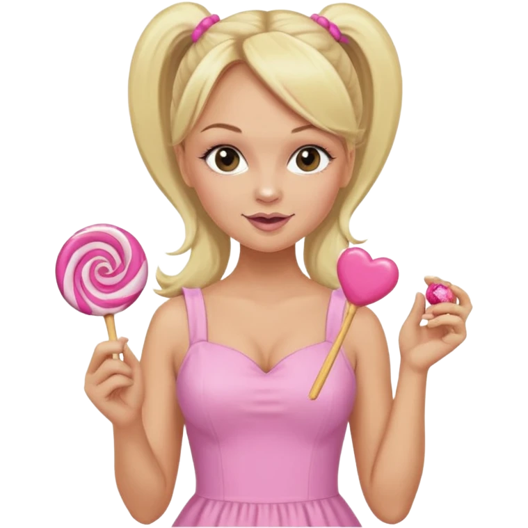 Emma Bunton with long blonde ponytails wearing light pink body dress holding a lollipop emoji