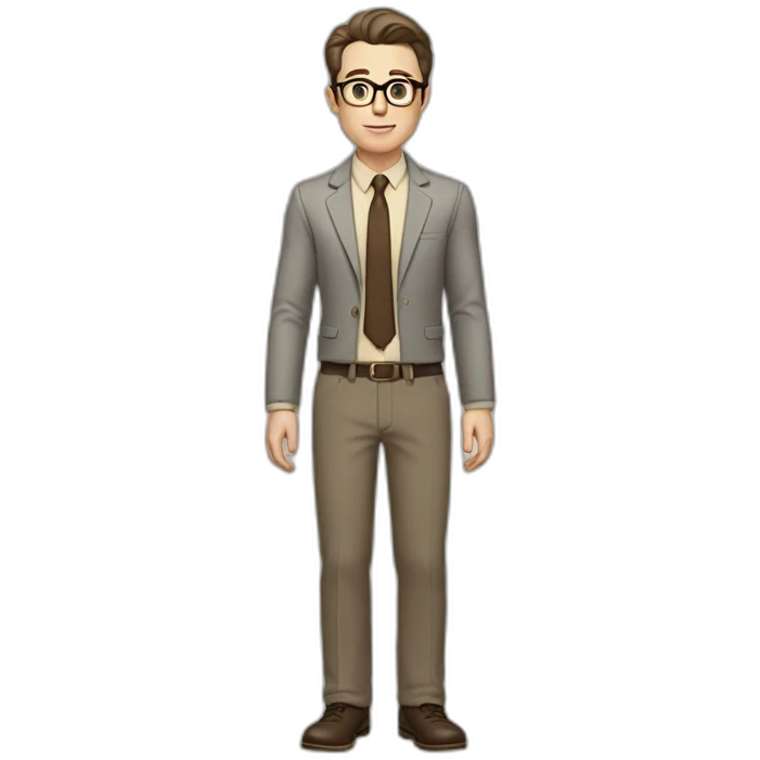 Full height Gesticulating Pale skinned fit man with dark brown hair in gray jacket, beige office shirt, brown tie, brown pants and vintage glasses. emoji