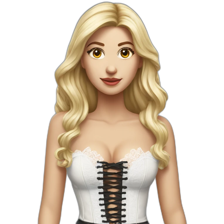 hyperrealistic caucasian blonde female, long straight hair, white lace-up bustier emoji