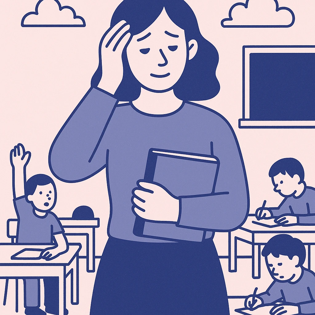 exhausted teacher in a bustling classroom emoji