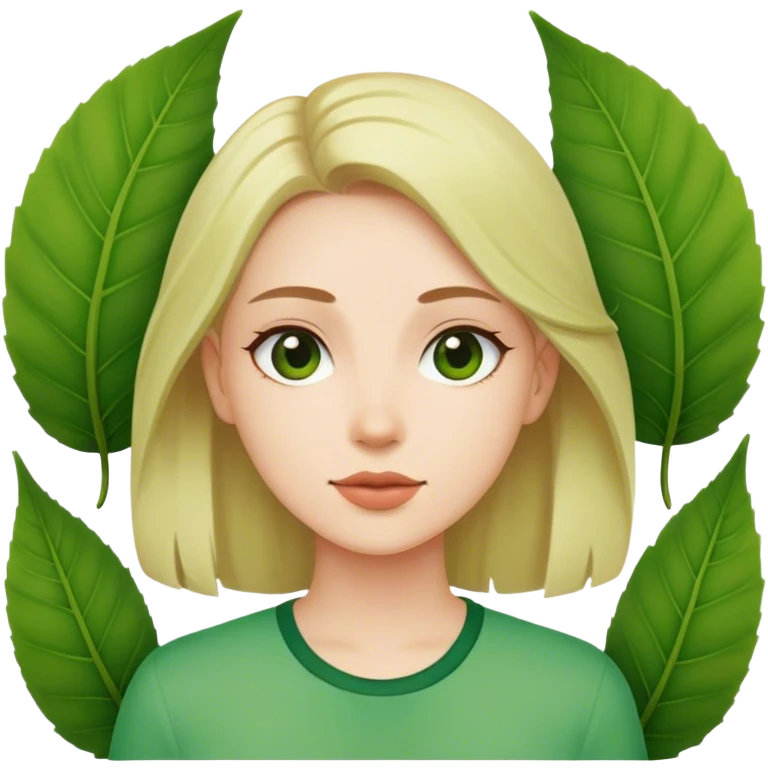 woman in green shirt with leaf emoji