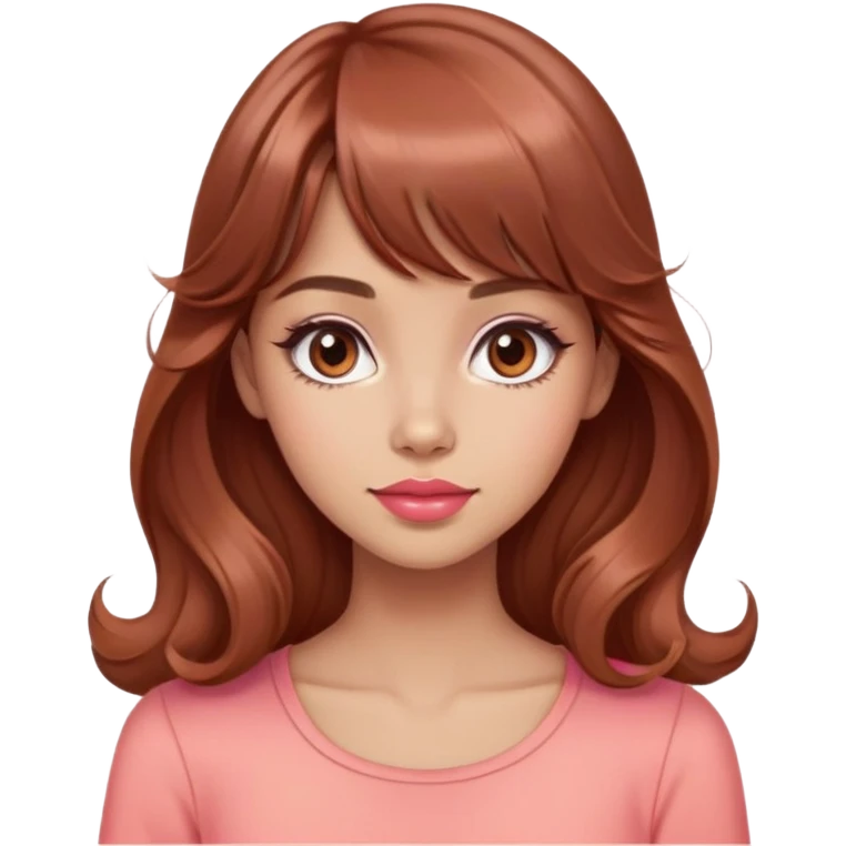 cute woman, light tan skin, big brown eyes, long waist length wavy auburn hair, bangs, pink top, coral lipstick emoji